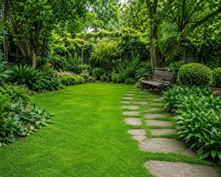 Lush green garden with stone path and garden bench at RR Heaven Gardenblr, Bengaluru